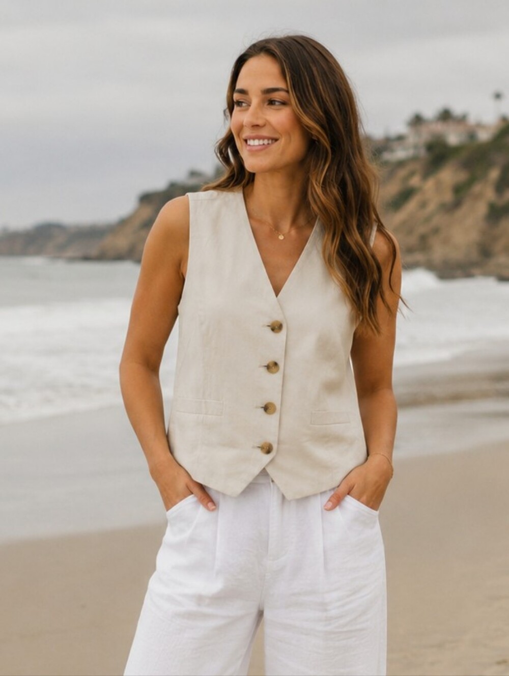 LOFT V-neck Cotton Blend Vest Coastal Grandma Light Academia Women's S NWT